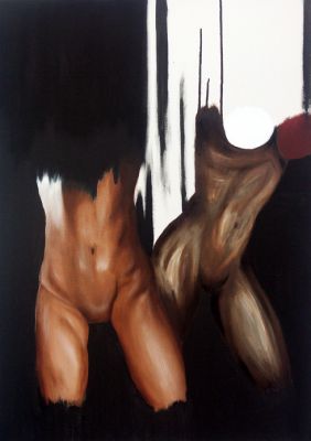 <p>Huile su toile , deux représentations de coprs féminin. Ici seul les ventre et le haut descuisses sont représentés.</p>